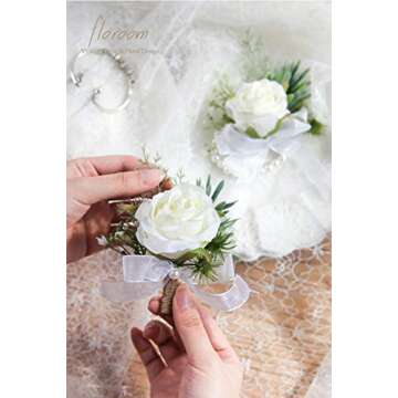 Floroom Ivory Rose Wrist Corsage Wristlet Band Bracelet and Men Boutonniere Set for White Wedding Fl...