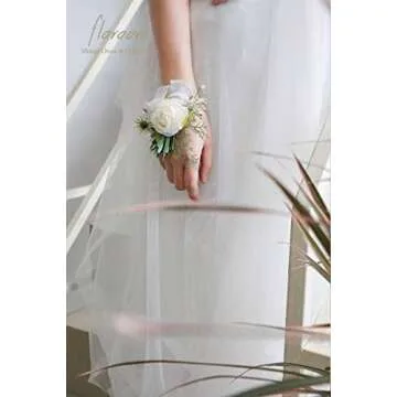 Ivory Rose Wrist Corsage and Boutonniere Set for Weddings