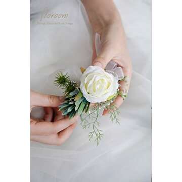 Floroom Ivory Rose Wrist Corsage Wristlet Band Bracelet and Men Boutonniere Set for White Wedding Flower Accessories Prom Suit Decorations
