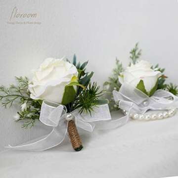 Floroom Ivory Rose Wrist Corsage Wristlet Band Bracelet and Men Boutonniere Set for White Wedding Flower Accessories Prom Suit Decorations