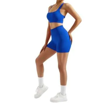 RXRXCOCO Seamless Workout Sets for Women 2 Piece Strappy Sports Bras Scrunch Butt Booty Shorts Matching Yoga Outfits Blue Medium