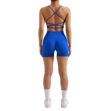RXRXCOCO Seamless Workout Sets for Women 2 Piece Strappy Sports Bras Scrunch Butt Booty Shorts Matching Yoga Outfits Blue Medium