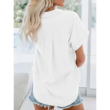 APRAW Womens Casual Short Sleeve Button Down Shirts Summer Cotton Plain Top Blouses with Pockets White