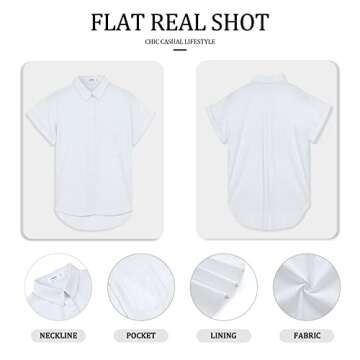 APRAW Womens Casual Short Sleeve Button Down Shirts Summer Cotton Plain Top Blouses with Pockets White