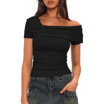 Darong Women's Summer One Off Shoulder Short Sleeve Top Ruched Going Out Tops Slim Fit Y2K Shirt 904...
