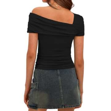 Darong Women's Summer One Off Shoulder Short Sleeve Top Ruched Going Out Tops Slim Fit Y2K Shirt 9047 Black M