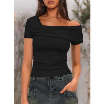 Darong Women's Summer One Off Shoulder Short Sleeve Top Ruched Going Out Tops Slim Fit Y2K Shirt 9047 Black M