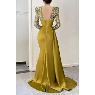 Sequin Mermaid Prom Dresses for Women 2024 Sparkly Long Sleeve Bodycon Satin Deep V Neck Evening Gow...