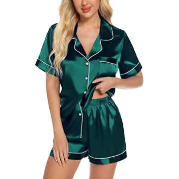 Anjue Christmas Silk Pajamas Womens Satin Nightwear Soft Cozy 2 Piece Button Down Sleepwear with Shorts Set(Green,XXL)