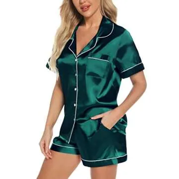 Anjue Christmas Silk Pajamas Womens Satin Nightwear Soft Cozy 2 Piece Button Down Sleepwear with Shorts Set(Green,XXL)