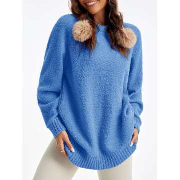 Saodimallsu Womens Oversized Sweater 2024 Fall Trendy Fuzzy Crew Neck Long Sleeve Casual Tunic Sweaters Blue