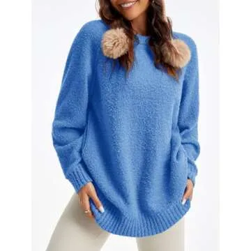 Saodimallsu Womens Oversized Sweater 2024 Fall Trendy Fuzzy Crew Neck Long Sleeve Casual Tunic Sweaters Blue