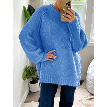 Saodimallsu Womens Oversized Sweater 2024 Fall Trendy Fuzzy Crew Neck Long Sleeve Casual Tunic Sweaters Blue