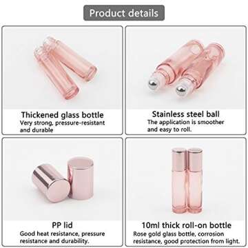 Newzoll 8 Pcs Roller Bottles Set, 10 ml (1/3 oz) Roller Bottles with Funnels & Opener, Glass Roll-on Bottles Vials for Perfumes Aromatherapy Essential Oils Liquid, Rose Gold