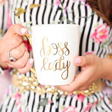 Boss Lady Gold Coffee Mug | Large Fancy Handle Cute Cup Female Girl Boss Babe Gifts for Women Decor 16 Ounces Fine Bone China Hand Lettered