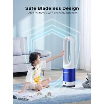 Senmeo Bladeless Fan for Bedroom, 22" Quiet Tower Fan with Remote, 90° Oscillating Fan for Indoors ...