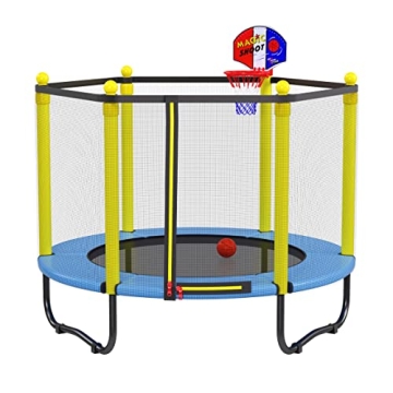 Kids Trampoline with Safety Enclosure Net - 5FT Trampoline with Basketball Hoop for Toddlers Indoor ...