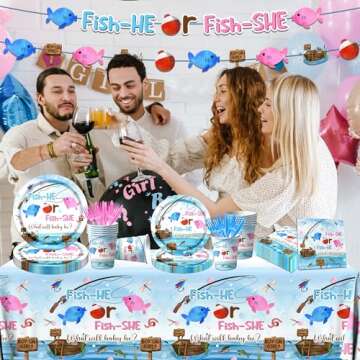 GREHUMOR Gone Fishing Gender Reveal Party Tableware 142Pcs Fish She or Fish He Gender Reveal Disposa...