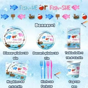 GREHUMOR Gone Fishing Gender Reveal Party Tableware 142Pcs Fish She or Fish He Gender Reveal Disposable Tablecloth,Plates,Napkins,Cups,Forks and Knives for Baby Shower Decoration of Gender Reveal