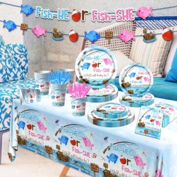 GREHUMOR Gone Fishing Gender Reveal Party Tableware 142Pcs Fish She or Fish He Gender Reveal Disposable Tablecloth,Plates,Napkins,Cups,Forks and Knives for Baby Shower Decoration of Gender Reveal