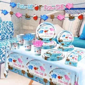 GREHUMOR Gone Fishing Gender Reveal Party Tableware 142Pcs Fish She or Fish He Gender Reveal Disposable Tablecloth,Plates,Napkins,Cups,Forks and Knives for Baby Shower Decoration of Gender Reveal