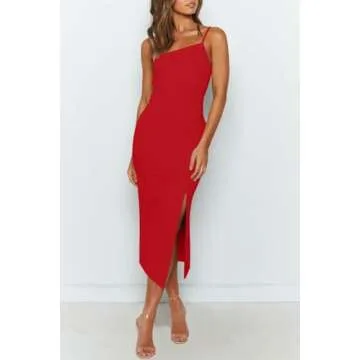 OWIN Red Dresses for Women Sleeveless Bodycon Formal Cocktail Evening Party Midi Dresses Side Split ...