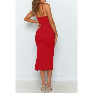 OWIN Red Dresses for Women Sleeveless Bodycon Formal Cocktail Evening Party Midi Dresses Side Split Wedding Guest Dress,S