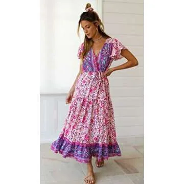 R.Vivimos Womens Summer Floral Print Cotton Short Sleeve Flowy Dress (XL, WhitePink)