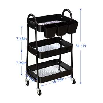 danpinera 3-Tier Rolling Cart, Metal Rolling Storage Cart with Lockable Wheels & Hanging Cups & Hooks, Mobile Trolley Cart for Kitchen, Bathroom, Office, Workshop, Black