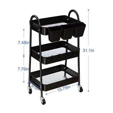 danpinera 3-Tier Rolling Cart, Metal Rolling Storage Cart with Lockable Wheels & Hanging Cups & Hooks, Mobile Trolley Cart for Kitchen, Bathroom, Office, Workshop, Black