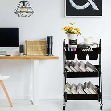 danpinera 3-Tier Rolling Cart, Metal Rolling Storage Cart with Lockable Wheels & Hanging Cups & Hooks, Mobile Trolley Cart for Kitchen, Bathroom, Office, Workshop, Black