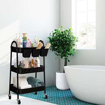 danpinera 3-Tier Rolling Cart, Metal Rolling Storage Cart with Lockable Wheels & Hanging Cups & Hooks, Mobile Trolley Cart for Kitchen, Bathroom, Office, Workshop, Black