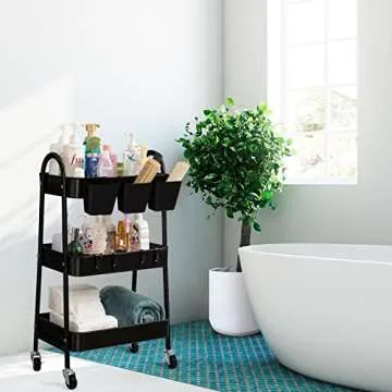 danpinera 3-Tier Rolling Cart, Metal Rolling Storage Cart with Lockable Wheels & Hanging Cups & Hooks, Mobile Trolley Cart for Kitchen, Bathroom, Office, Workshop, Black