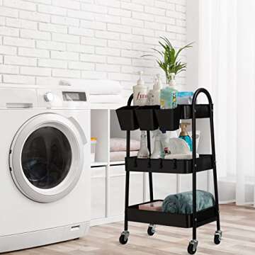 danpinera 3-Tier Rolling Cart, Metal Rolling Storage Cart with Lockable Wheels & Hanging Cups & Hooks, Mobile Trolley Cart for Kitchen, Bathroom, Office, Workshop, Black