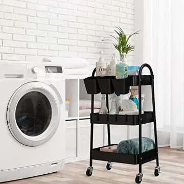 danpinera 3-Tier Rolling Cart, Metal Rolling Storage Cart with Lockable Wheels & Hanging Cups & Hooks, Mobile Trolley Cart for Kitchen, Bathroom, Office, Workshop, Black