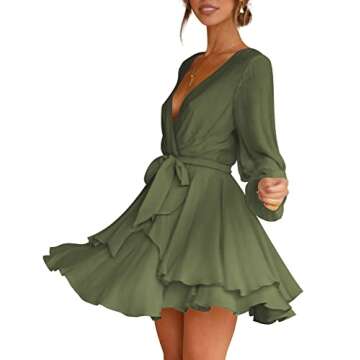 Womens Long Sleeve Mini Dress V-Neck Tie Waist Ruffle Swing Dresses Green XXL