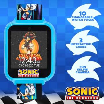 Accutime Kids SEGA Sonic The Hedgehog Blue Educational Touchscreen Smart Watch Toy for Boys, Girls, Toddlers - Selfie Cam, Learning Games, Alarm, Calculator, Pedometer (Model: SNC4141AZ)