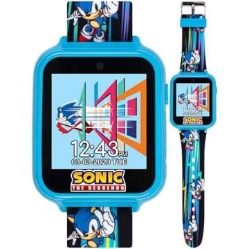 Accutime Kids SEGA Sonic The Hedgehog Blue Educational Touchscreen Smart Watch Toy for Boys, Girls, Toddlers - Selfie Cam, Learning Games, Alarm, Calculator, Pedometer (Model: SNC4141AZ)