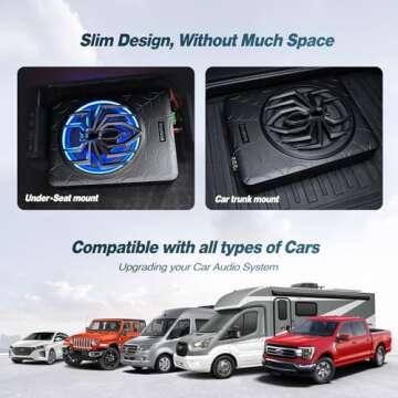 Seventour 10" 1000W Slim Under Seat Powered Car Subwoofer, Car/Truck Audio Sub Built in Amplifier Combo, with Colorful LED Ambient Lights (RGB LED Subwoofer+Mounting Wire Kit)