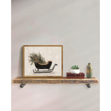 KISSFOX Vintage Christmas Sleigh Framed Wall Art Neutral Winter Canvas Art Rustic Cottage Paintings ...