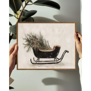 KISSFOX Vintage Christmas Sleigh Wall Art for Holiday Decor