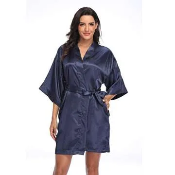 Women's Short Satin Kimono Bridesmaids Wedding Robes Silky Sleepwear,Navy