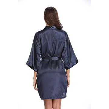 Women's Short Satin Kimono Bridesmaids Wedding Robes Silky Sleepwear,Navy
