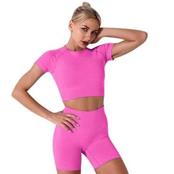 AWIBMK Yoga Outfit for Women Seamless 2 Piece Workout Gym High Waist Leggings with Sport Bra Set hot pink Small