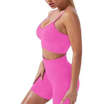 AWIBMK Yoga Outfit for Women Seamless 2 Piece Workout Gym High Waist Leggings with Sport Bra Set hot pink Small