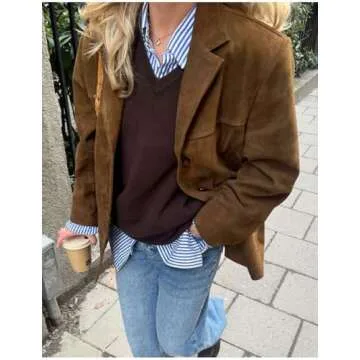 Brown Jacket Women Fall Winter Corduroy Y2k Western Cowgirl Faux Leather Suede Blazer Suit Jacket Trench Coat,Brown,L