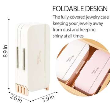 Lejesth Foldable Jewelry Organizer Box with Mirror, 4-Layer Dustproof Earring Necklace and Rings Org...
