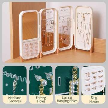 Lejesth Foldable Jewelry Organizer Box with Mirror, 4-Layer Dustproof Earring Necklace and Rings Organizer, Space saving Jewelry box for for Women (White)