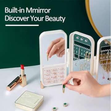 Lejesth Foldable Jewelry Organizer Box with Mirror, 4-Layer Dustproof Earring Necklace and Rings Organizer, Space saving Jewelry box for for Women (White)