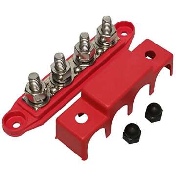 (Red) 3/8" 4 Stud Bus BAR Power Distribution Block - Made in The USA - for Marine Battery Terminals,...
